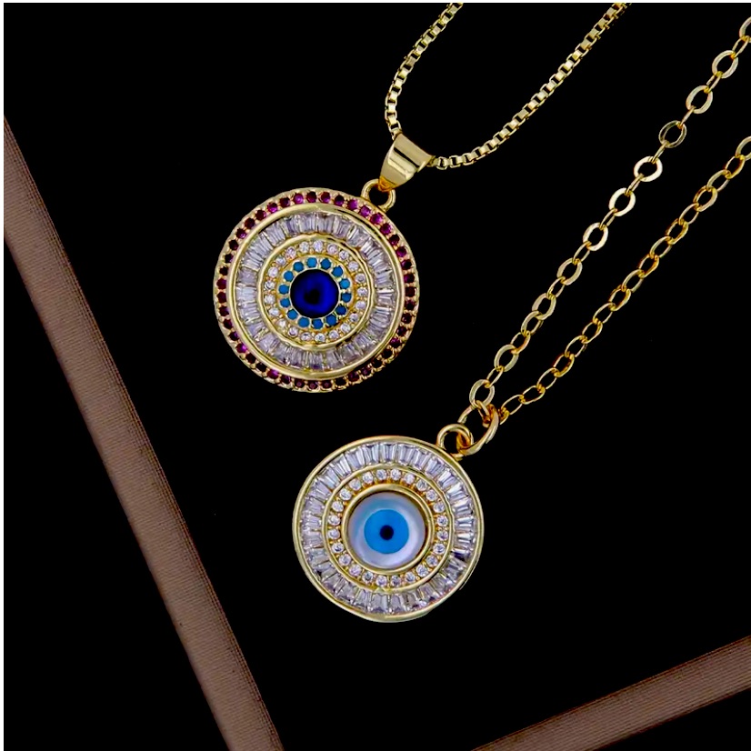 Greek Gold Crystal Evil Eye Protection Pendant Necklace 18 Goldenplated New